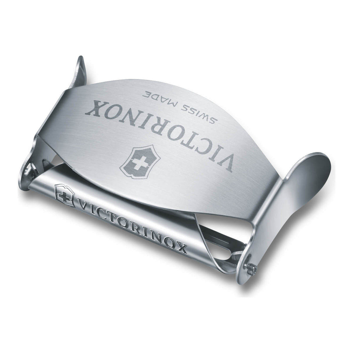 Der Victorinox Sparschäler ist ein in der Schweiz hergestellter Edelstahlschäler von Victorinox mit einem sichtbaren Logo auf der gebogenen Klinge.