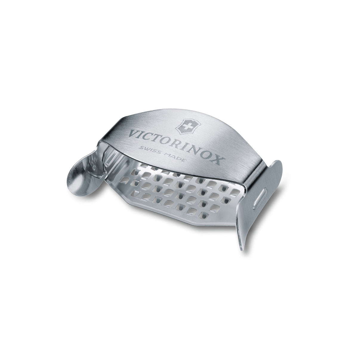 Ergonomisch gestaltete Victorinox Käsereibe aus rostfreiem Stahl mit Victorinox-Branding.