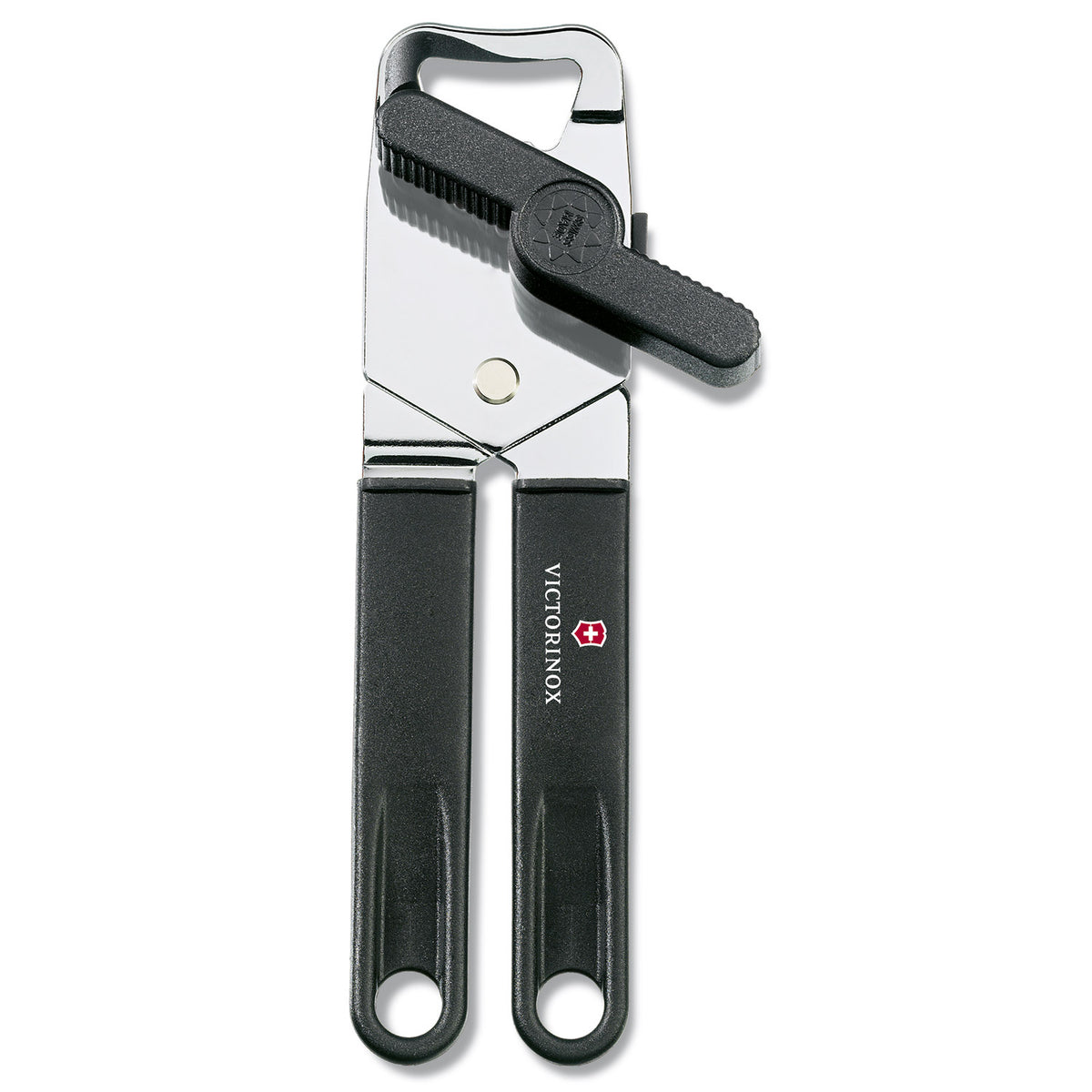 Der Victorinox Universal-Dosenöffner aus Edelstahl & Kunststoff, schwarz, verfügt über ein Edelstahlgehäuse, einen schwarzen Griff, einen Drehknopf und einen integrierten Flaschenöffner.
