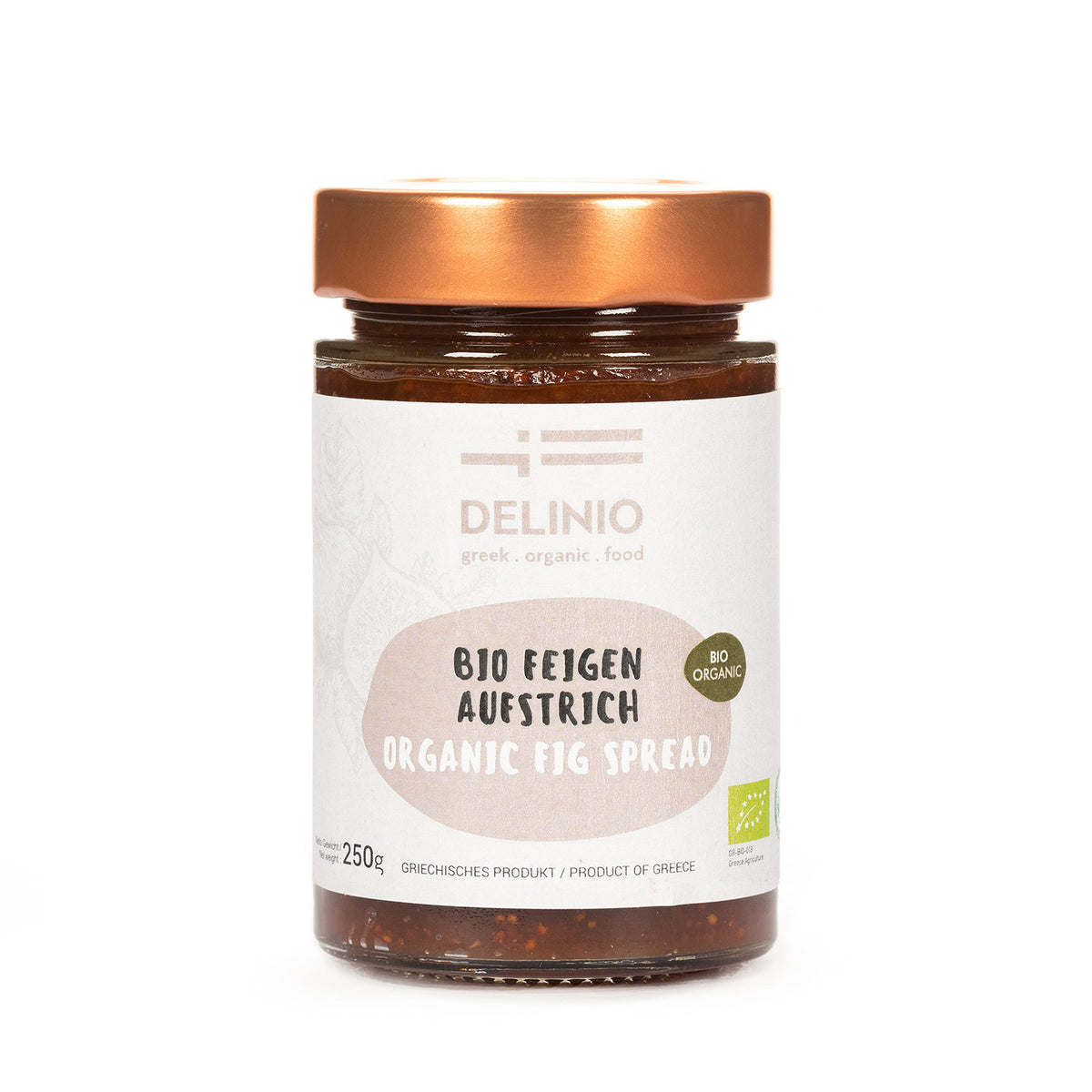 Ein 250g-Glas DELINIO Bio-Feigenaufstrich aus Griechenland mit Kupferdeckel und weißem Etikett mit griechischem und englischem Text.