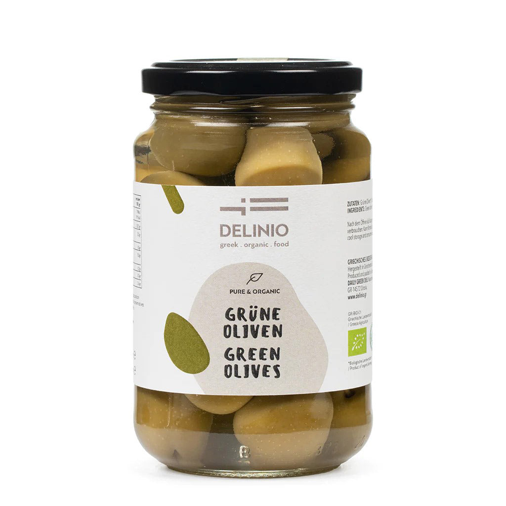 Ein 350-g-Glas DELINIO Grüne Oliven Bio aus Griechenland mit weiß-grünem Etikett und schwarzem Deckel.