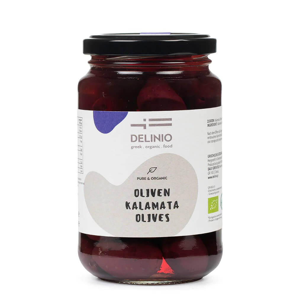 Ein 350g Glas DELINIO Kalamata Oliven Bio aus Griechenland mit einem weiß-grauen Etikett, abgebildet auf weißem Hintergrund.