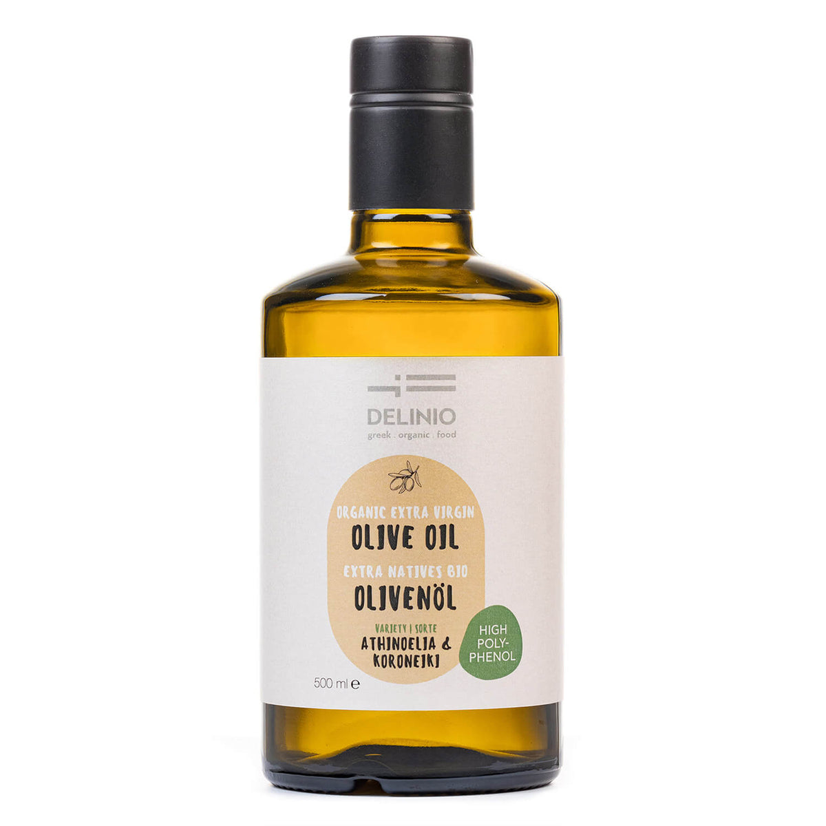 Eine 500-ml-Flasche DELINIO Athinoelia/Koroneiki Premium Bio-Olivenöl extra vergine aus Griechenland.