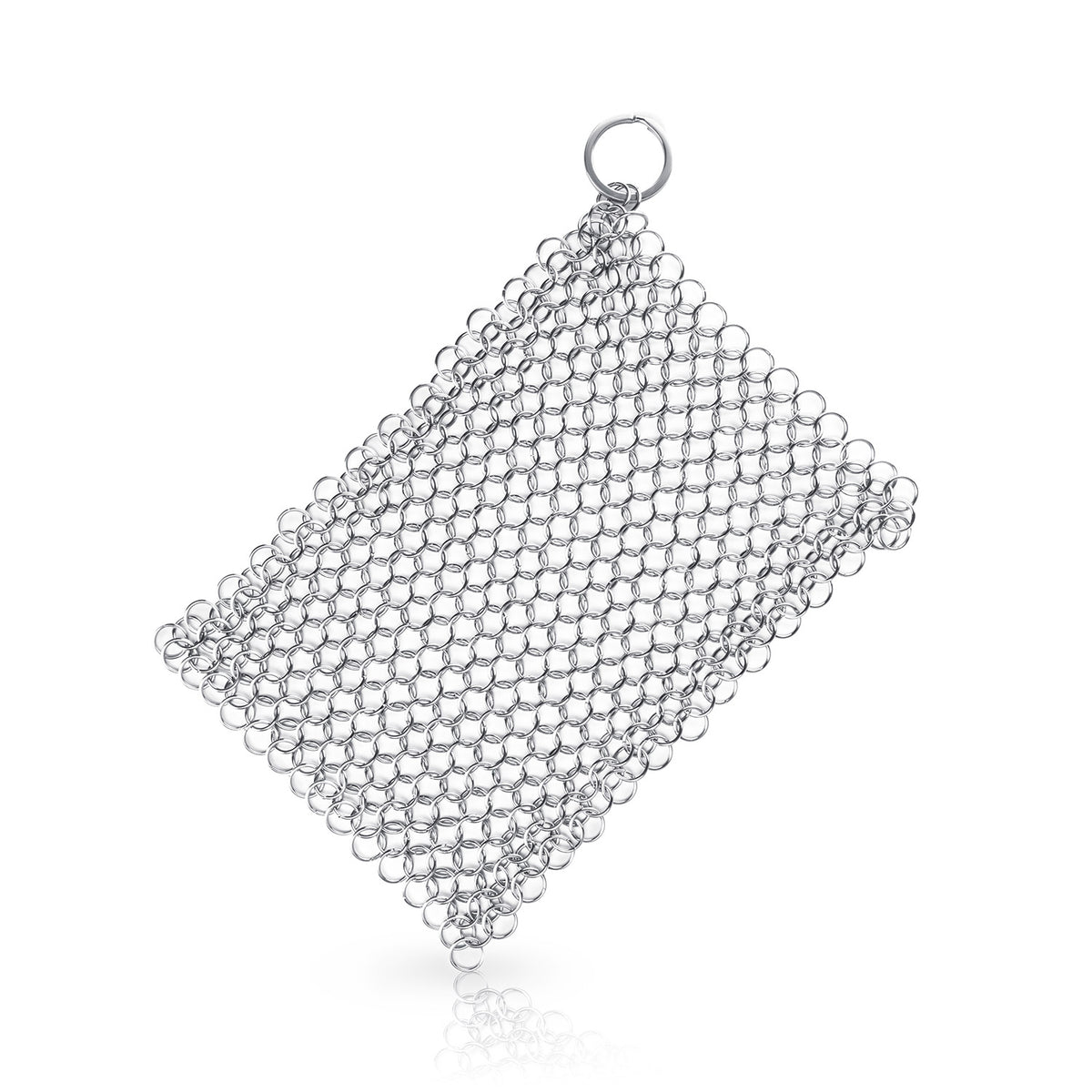Der Funkenflug Ringreiniger aus Edelstahl (15 x 15 cm) ist ein rechteckiger Ringreiniger aus Edelstahl mit einem Metallring in der oberen Ecke, abgebildet auf weißem Hintergrund.