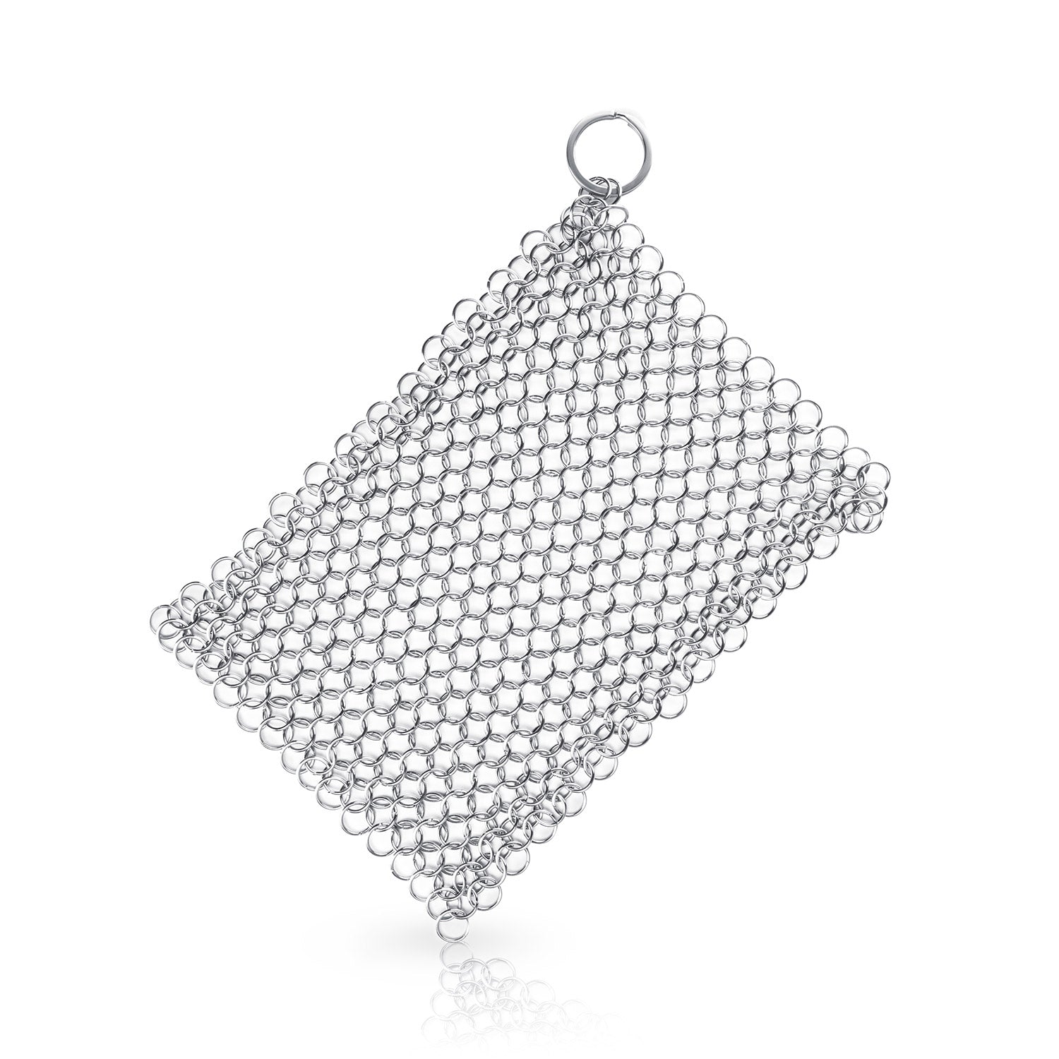 Der Funkenflug Ringreiniger aus Edelstahl (15 x 15 cm) ist ein rechteckiger Ringreiniger aus Edelstahl mit einem Metallring in der oberen Ecke, abgebildet auf weißem Hintergrund.
