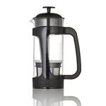 Die Espro ESPRO French Press P5 poliertes Alu 950 ml zeichnet sich durch ein transparentes Design mit einem eleganten schwarzen Griff, Deckel und Boden aus, der auf einem weißen Hintergrund abgebildet ist.