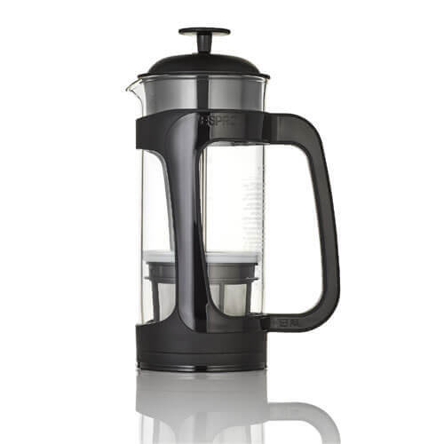 Die Espro ESPRO French Press P5 poliertes Alu 950 ml zeichnet sich durch ein transparentes Design mit einem eleganten schwarzen Griff, Deckel und Boden aus, der auf einem weißen Hintergrund abgebildet ist.