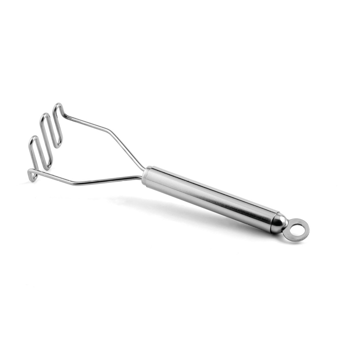 Der WEIS Kartoffelstampfer Mini-Serie aus Edelstahl, 20,5 cm hat eine gewellte Maischeplatte und einen Griff mit Schlaufe für eine einfache Handhabung.