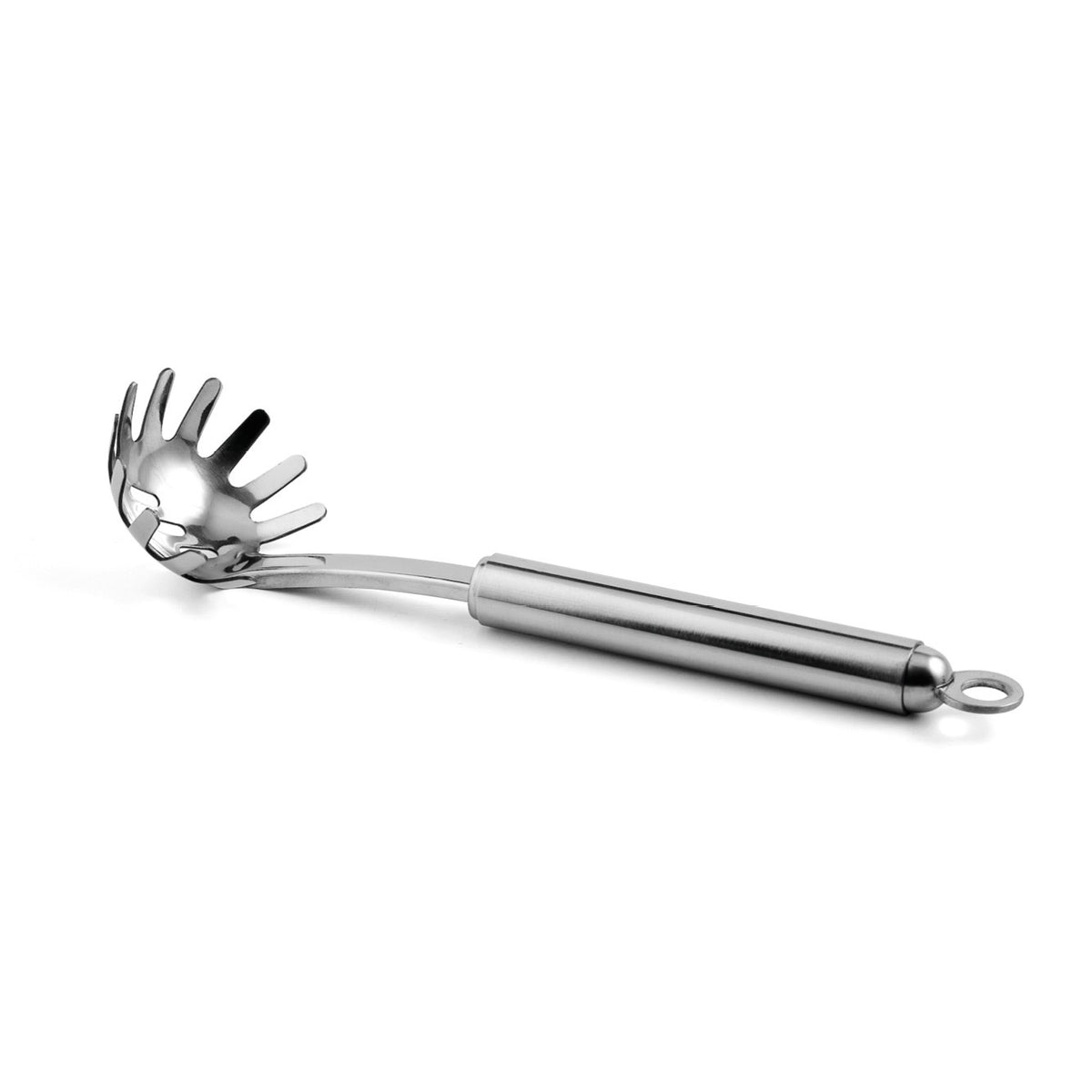 Die WEIS Spaghettilöffel Mini-Serie aus Edelstahl (21 cm) zeichnet sich durch eine geschlitzte, gezackte Schale und einen geschlungenen Stiel aus, der auf weißem Grund abgebildet ist.
