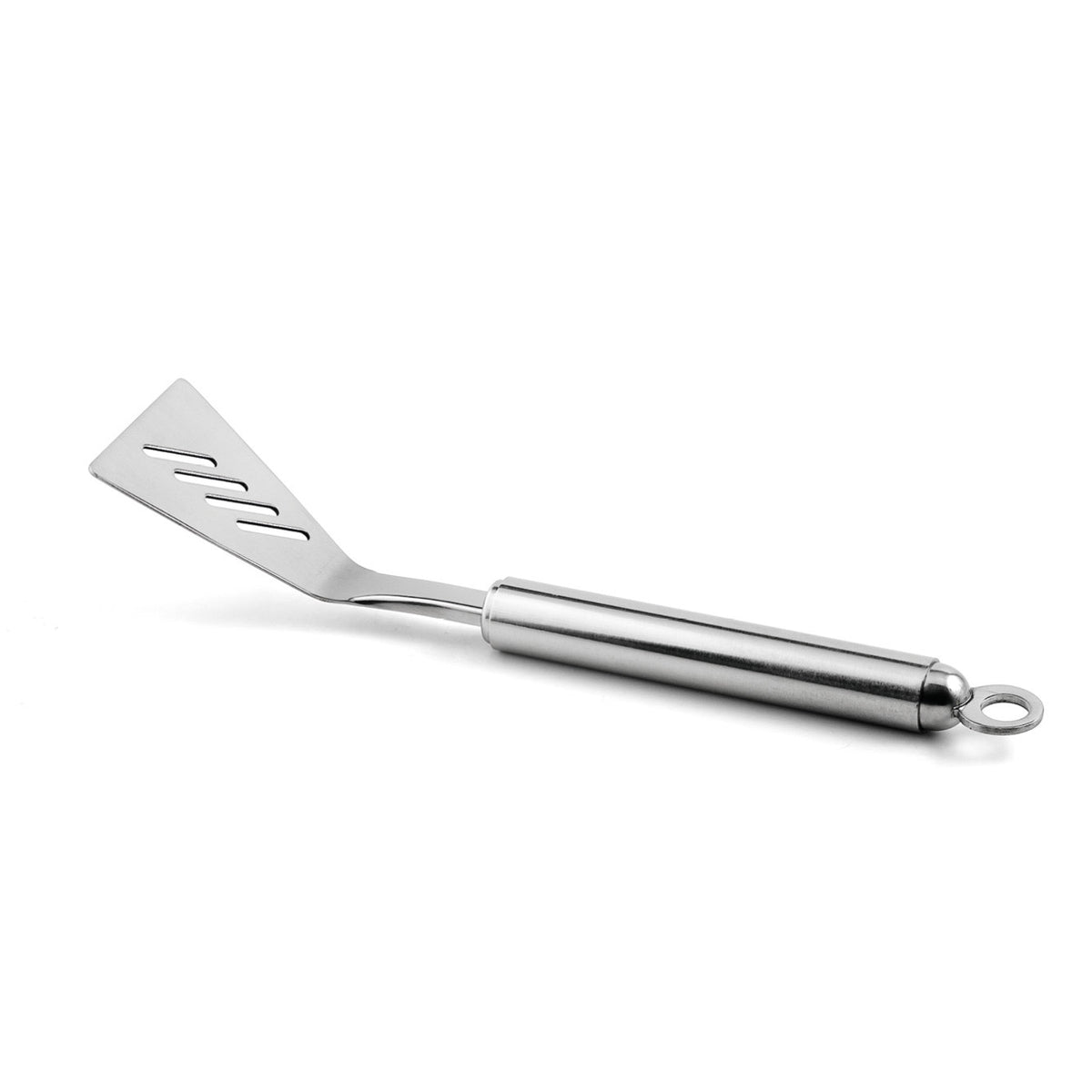 Der WEIS Pfannenwender Mini-Serie aus Edelstahl, 21 cm hat eine geschlitzte, abgewinkelte Edelstahlklinge und eine runde Aufhängeöse am Griff.
