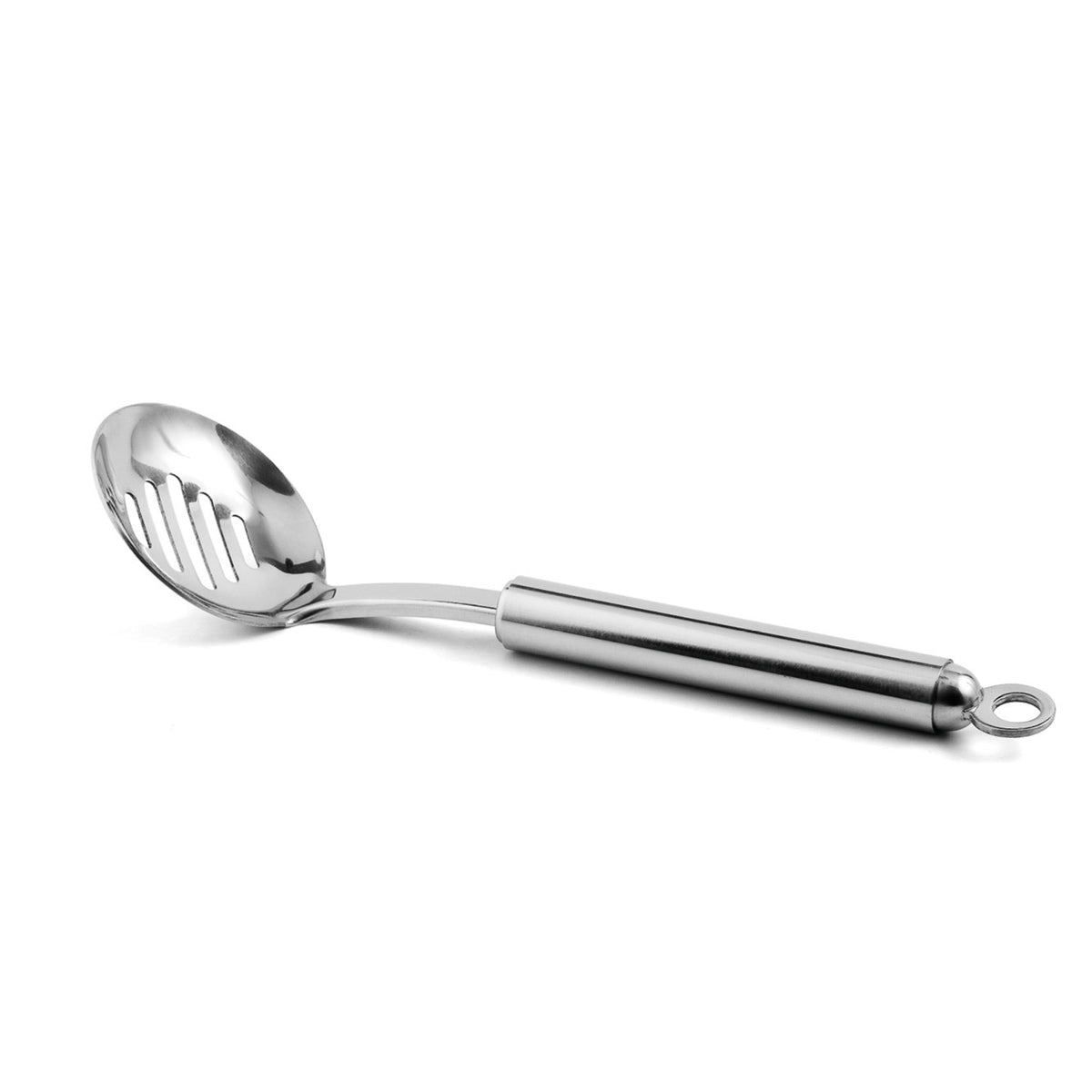 Die WEIS Schaumlöffel Mini-Serie ist ein 21 cm langer Schaumlöffel aus rostfreiem Stahl mit rundem Griff und einer Aufhängeschlaufe am Ende.
