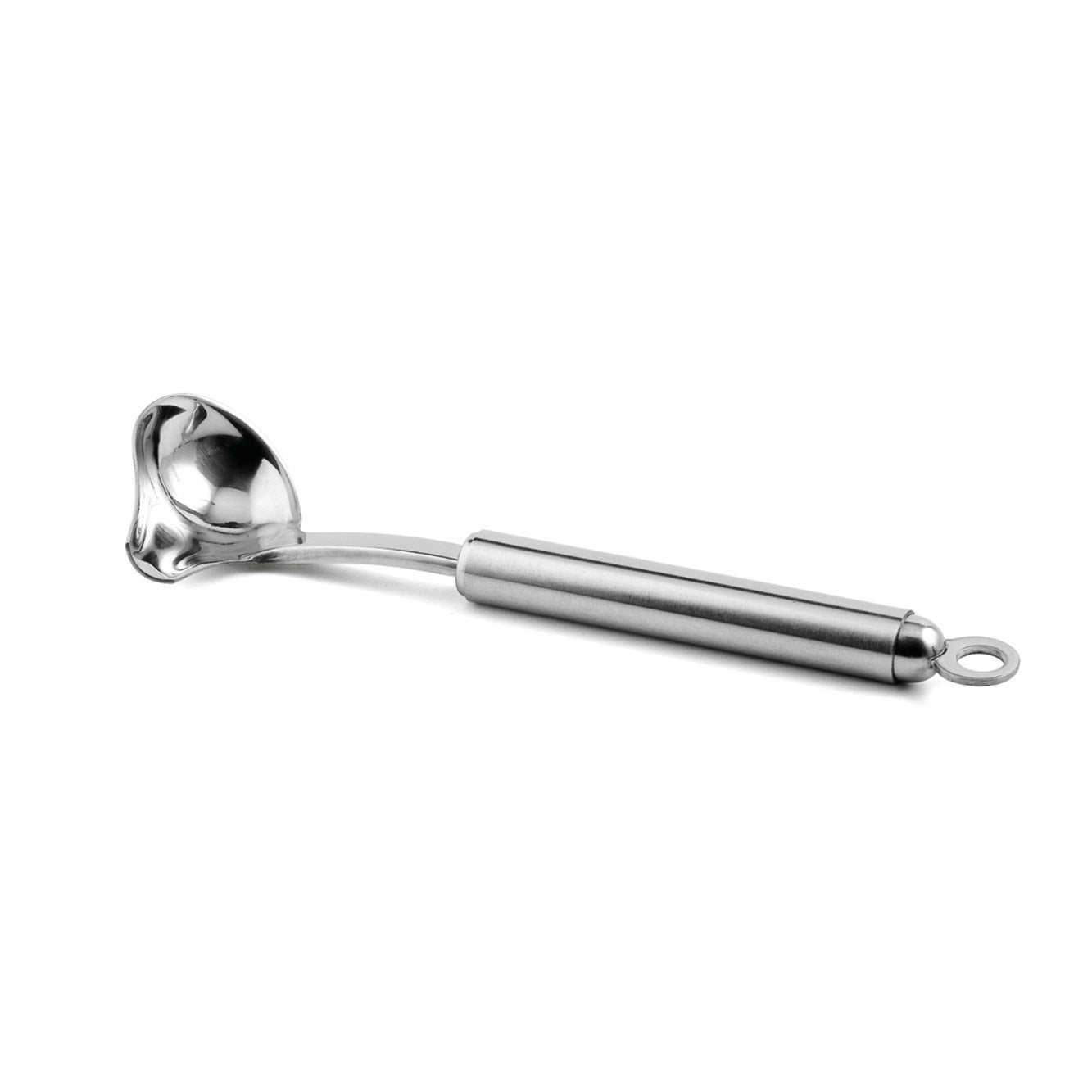 Der WEIS Saucenlöffel 15 ml Mini-Serie aus Edelstahl, 20 cm, ist ein Edelstahl-Saucenlöffel mit rundem Griff und Ausgießer, isoliert auf weißem Hintergrund dargestellt.