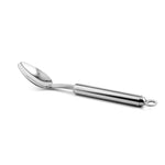Die WEIS Servierlöffel/Vorlegelöffel Mini-Serie aus Edelstahl (22 cm) hat einen runden Griff mit Aufhängeschlaufe, abgebildet auf weißem Grund.