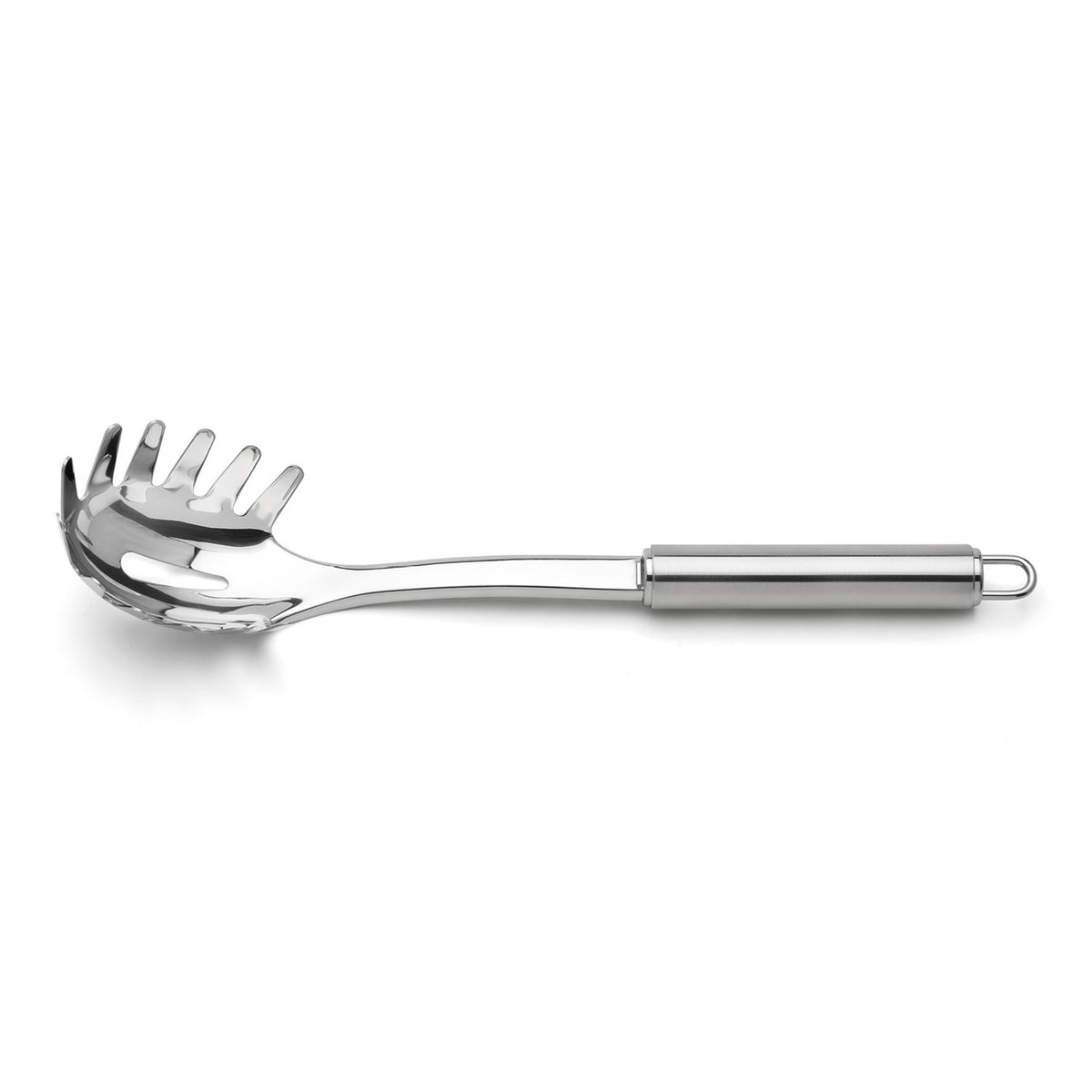WEIS Spaghettilöffel Gourmet aus Edelstahl, 30 cm, mit gezackten Kanten und Öse am Griff, isoliert vor weißem Hintergrund.