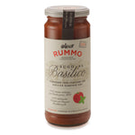 Glas Rummo Sugo al Basilico - Tomatensauce mit Basilikum, 340 g von Rummo, mit beigem Etikett und roten Akzenten.