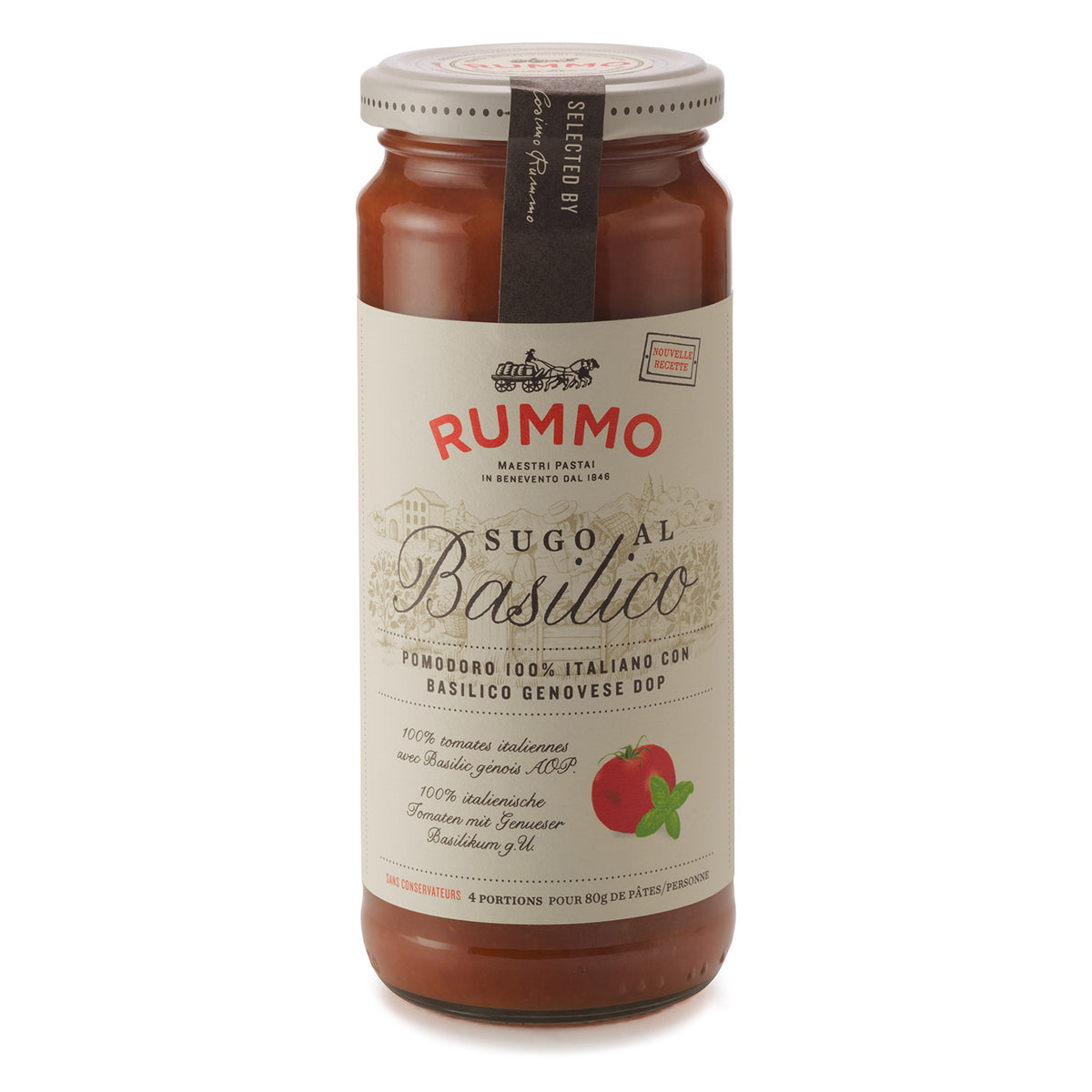 Glas Rummo Sugo al Basilico - Tomatensauce mit Basilikum, 340 g von Rummo, mit beigem Etikett und roten Akzenten.