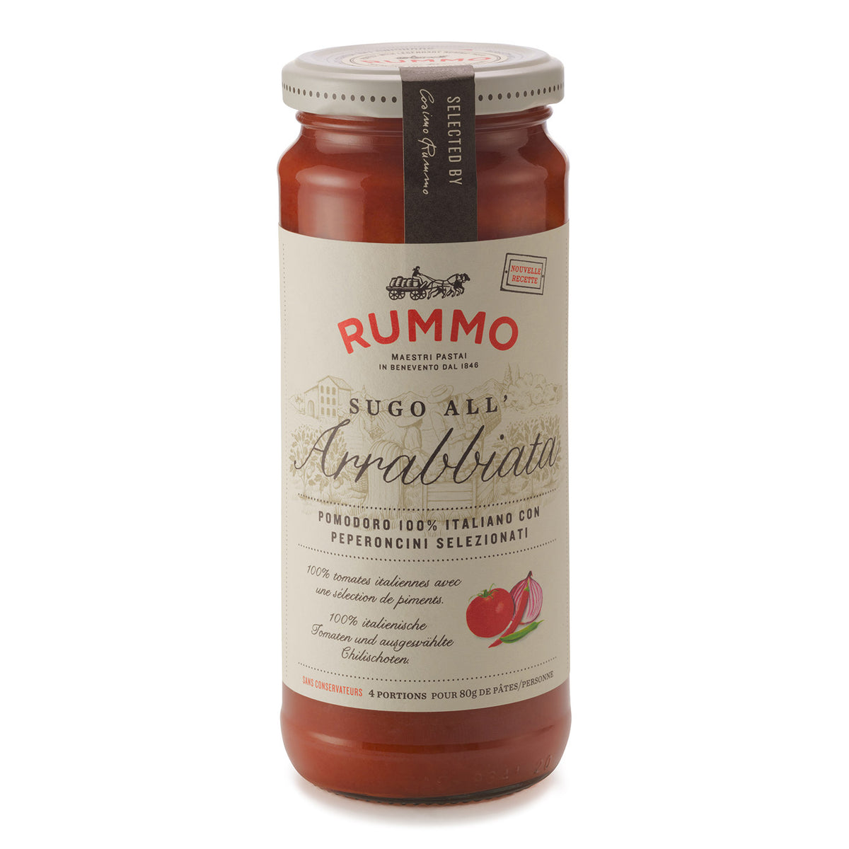 340 g Glas Rummo Sugo all'Arrabbiata - Tomatensauce mit Chili von Rummo, mit beigem Etikett und roten Tomatenabbildungen.
