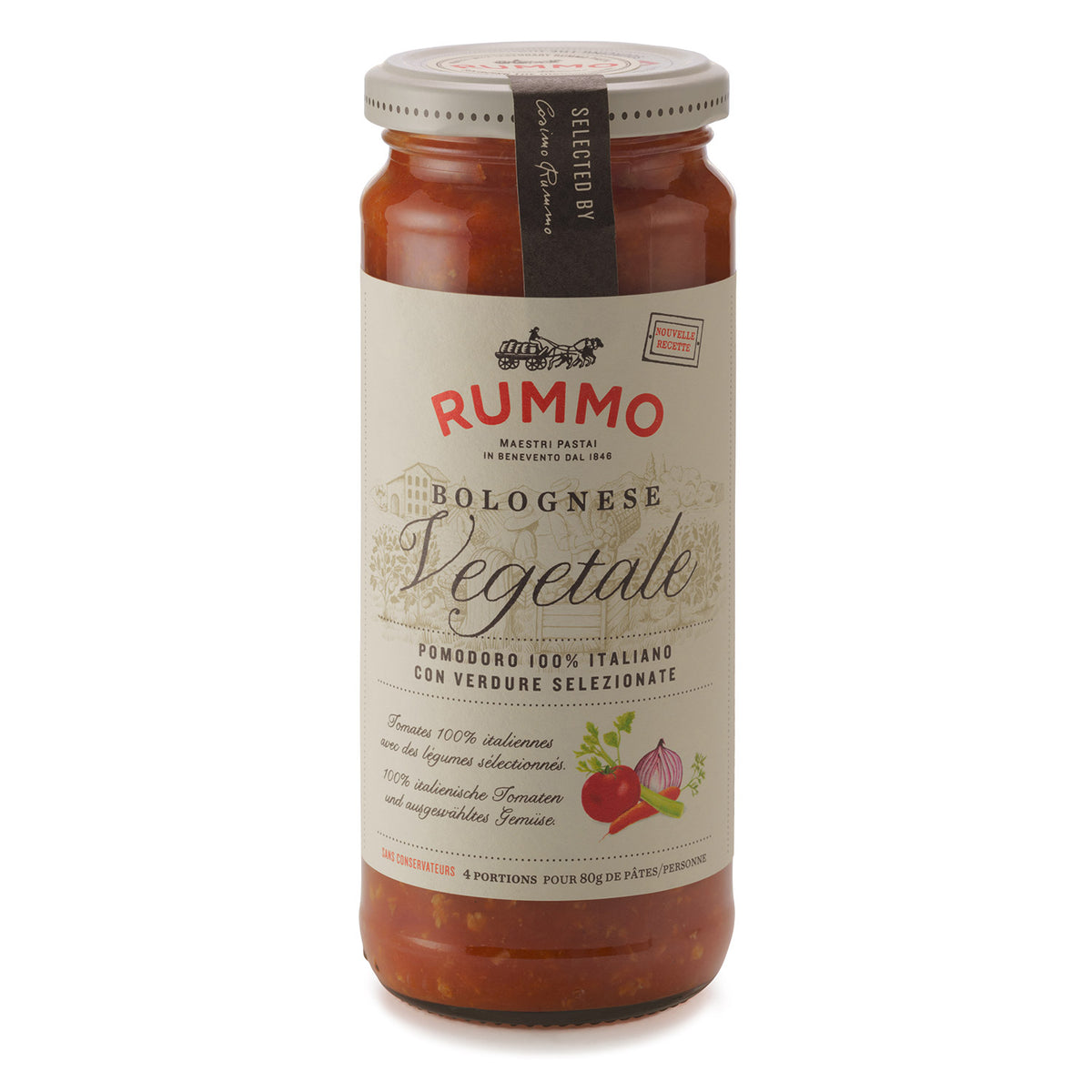 340-g-Glas Rummo Bolognese Vegetale - Gemüse-Bolognese-Sauce von Rummo, mit Tomaten- und Gemüseabbildungen auf dem Etikett.