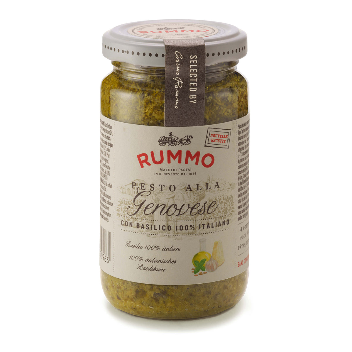Rummo Pesto alla Genovese - klassisches Basilikumpesto, 190 g Glas mit beigem Etikett und silbernem Deckel.