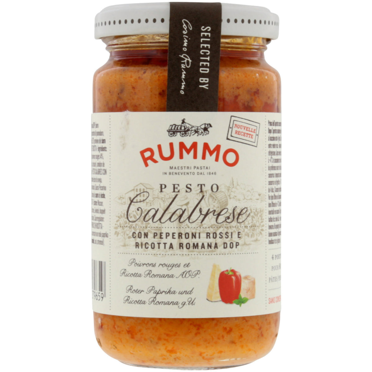 Rummo Pesto Calabrese - Pesto mit Paprika & Käse, 190 g von Rummo; Vorderetikett mit Produktname und Zutaten abgebildet.