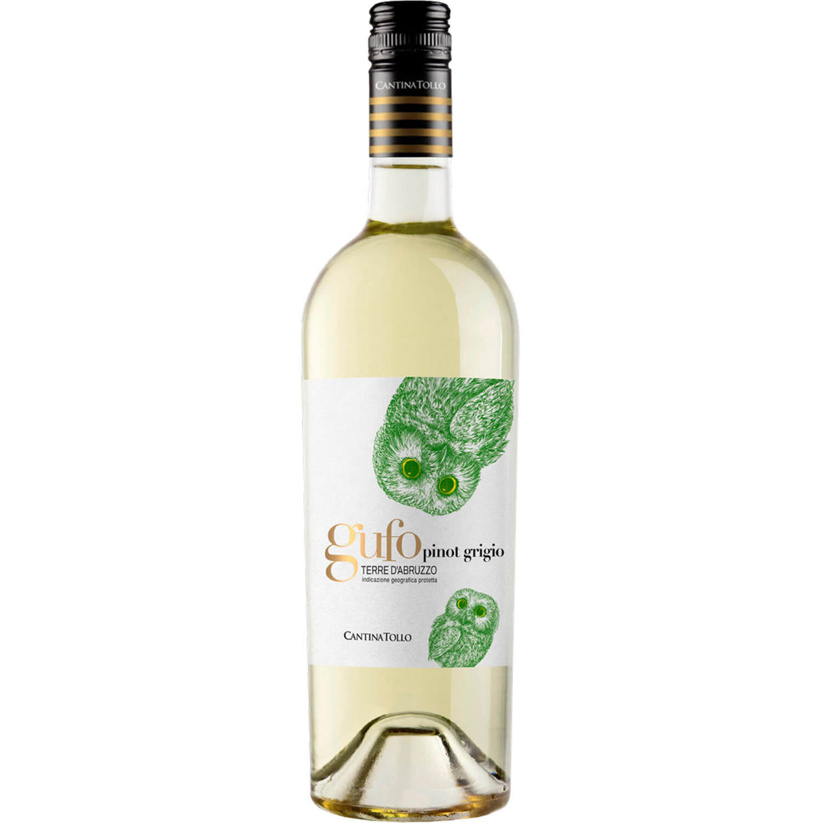 Eine 0,75-Liter-Flasche Gufo Pinot Grigio Terre d'Abruzzo IGP Weißwein der Cantina Tollo mit weißem Etikett und grünen Eulenmotiven.