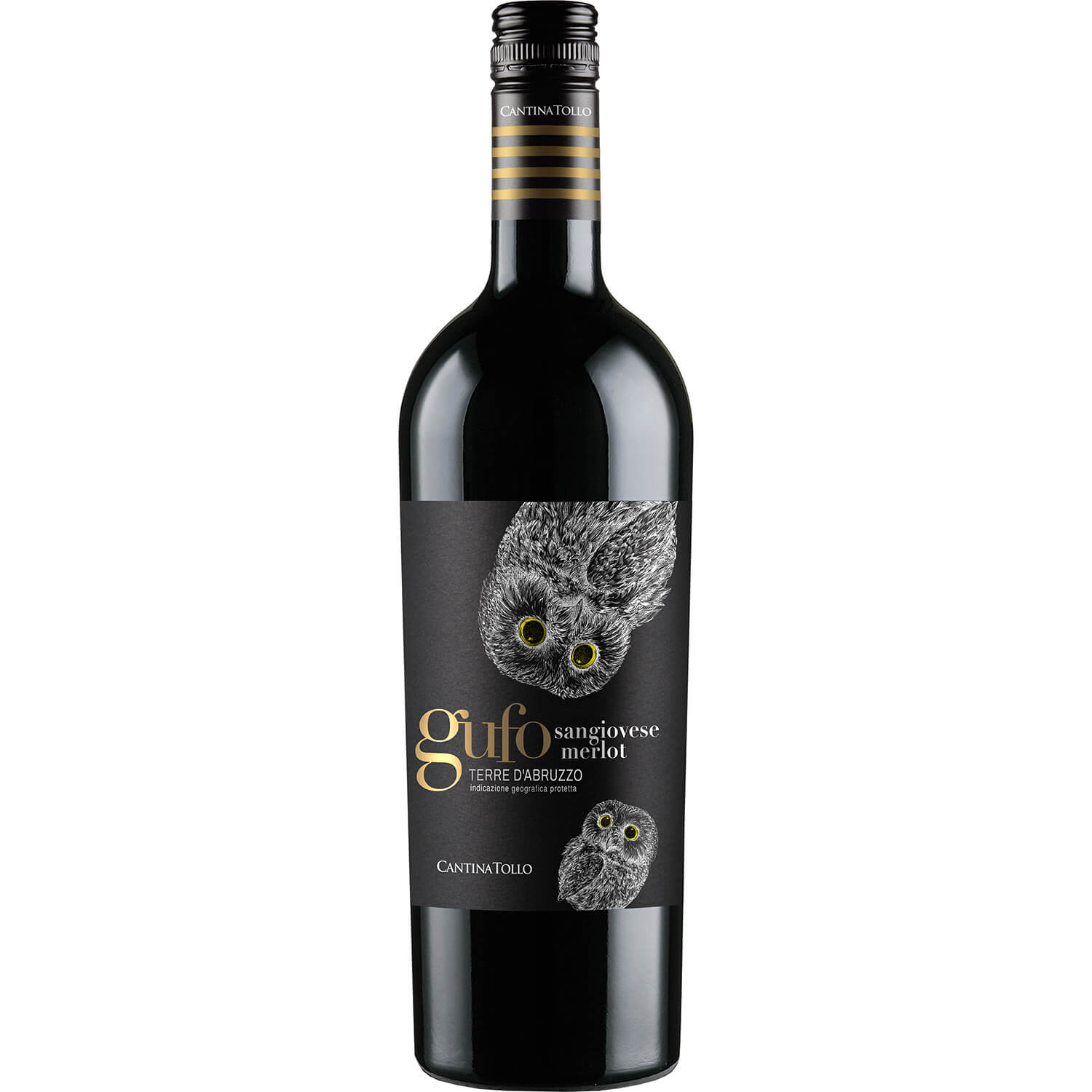 Eine 0,75-Liter-Flasche des Rotweins Cantina Tollo Gufo Sangiovese Merlot Terre d'Abruzzo IGP mit Eulenmotiven auf einem schwarzen Etikett.
