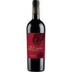 Eine 0,75-l-Flasche des Rotweins Gufo Primitivo Terre d'Abruzzo IGP der Cantina Tollo mit einem roten Etikett, auf dem zwei Eulen abgebildet sind.