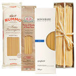 Vier Packungen Mondogusto Spaghetti Probierpaket, je 500 g, aufrecht nebeneinander in sortierter Verpackung.