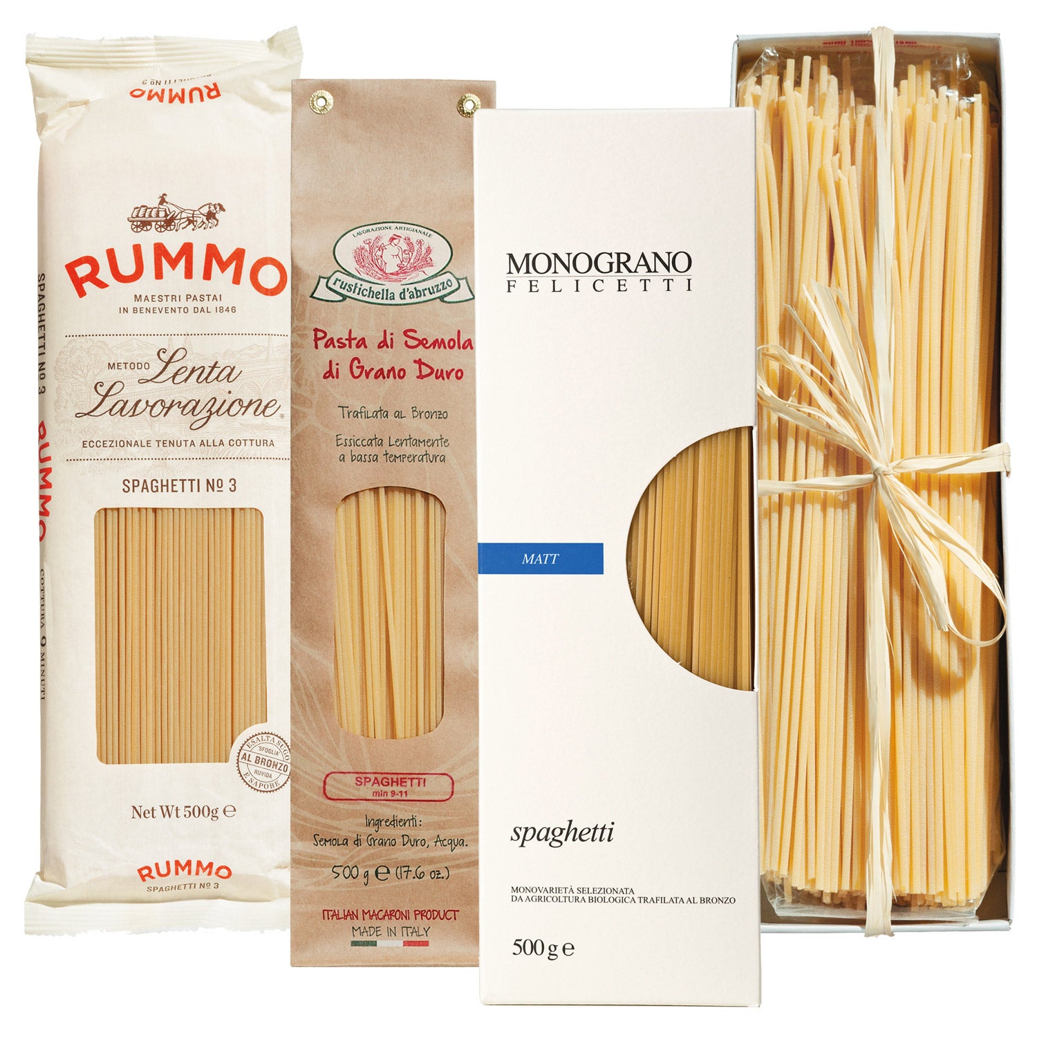 Vier Packungen Mondogusto Spaghetti Probierpaket, je 500 g, aufrecht nebeneinander in sortierter Verpackung.