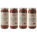 Das 4er Sugo Probierpaket von Rummo besteht aus vier Gläsern Rummo Pastasauce in verschiedenen Geschmacksrichtungen, die nebeneinander auf einem weißen Hintergrund angeordnet sind.