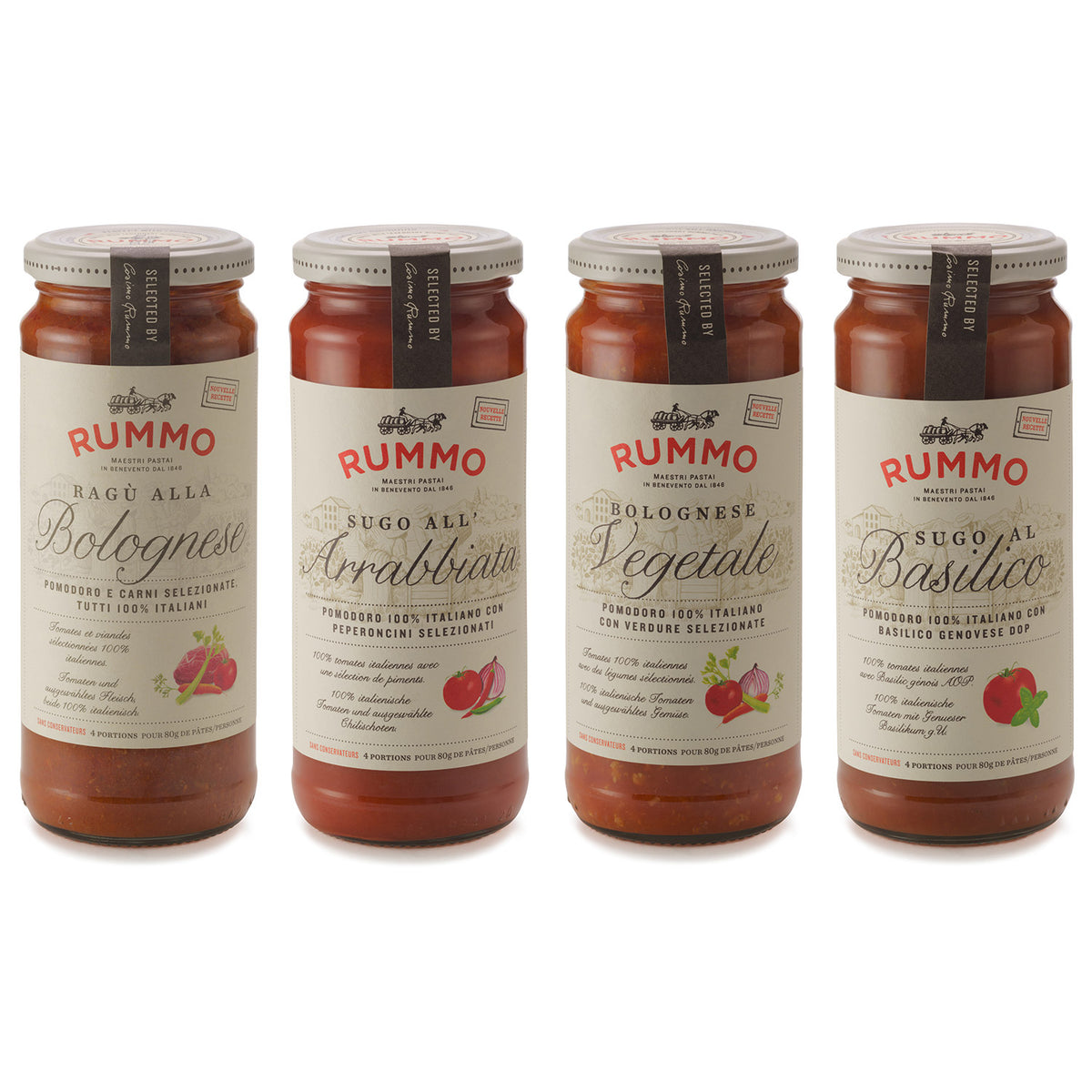 Das 4er Sugo Probierpaket von Rummo besteht aus vier Gläsern Rummo Pastasauce in verschiedenen Geschmacksrichtungen, die nebeneinander auf einem weißen Hintergrund angeordnet sind.