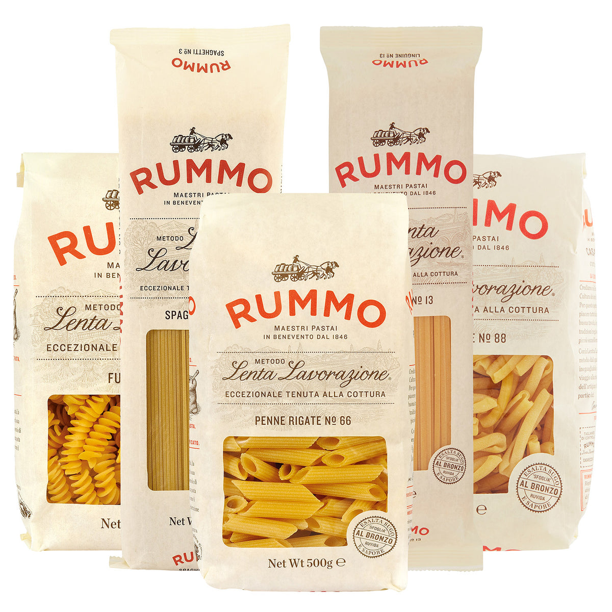 Fünf Tüten Rummo 5er Hartweizen Pasta Probierpaket in verschiedenen Formen der Marke Rummo stehen aufrecht vor einem weißen Hintergrund.