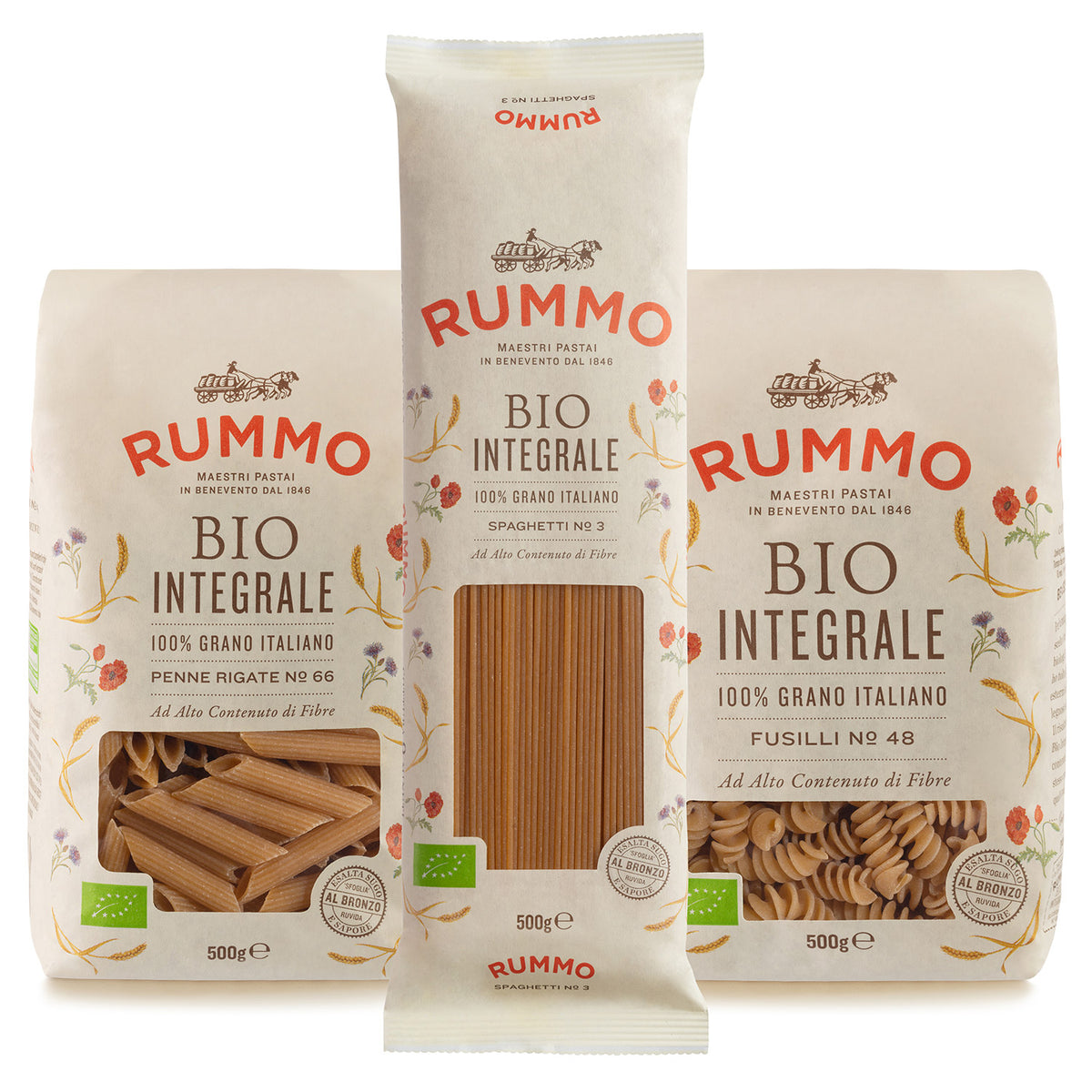 Das Rummo 3er Bio Vollkorn Pasta Probierpaket enthält drei 500g-Packungen italienischer Bio-Vollkornnudeln: Penne, Spaghetti und Fusilli.