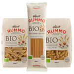 Drei Packungen von Rummo's 3er Bio Hartweizen Pasta Probierpaket - Penne, Spaghetti und Fusilli - stehen nebeneinander.