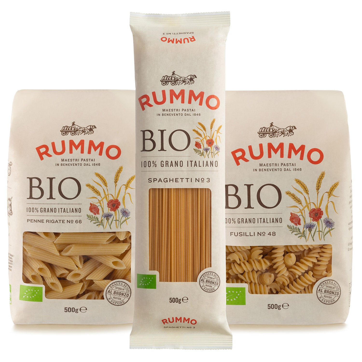 Drei Packungen von Rummo's 3er Bio Hartweizen Pasta Probierpaket - Penne, Spaghetti und Fusilli - stehen nebeneinander.