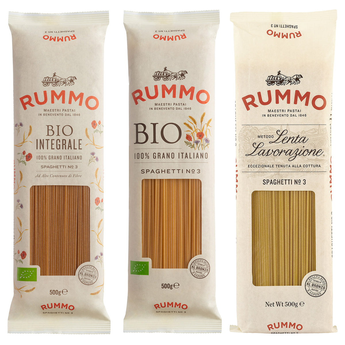 Drei Packungen aus dem Rummo 3er Spaghetti Probierpaket, jede mit eigenem Etikett und Verpackung, stehen aufrecht da.