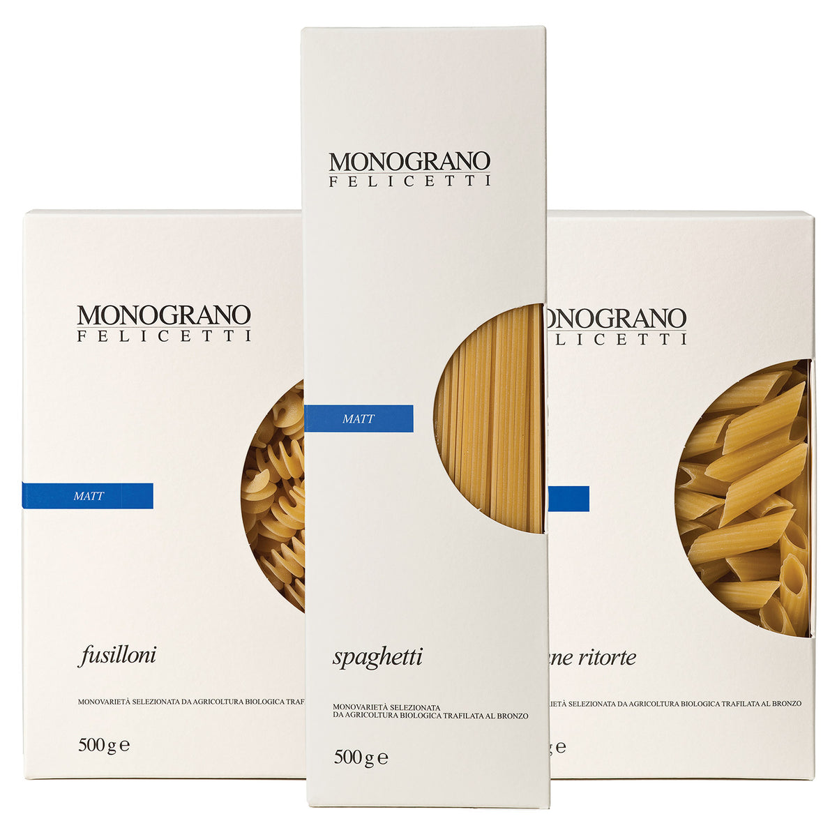 Drei Schachteln Felicetti 3er Granoduro Matt Hartweizen Bio Pasta: Fusilloni, Spaghetti und Mezze Penne Rigate, je 500 g.