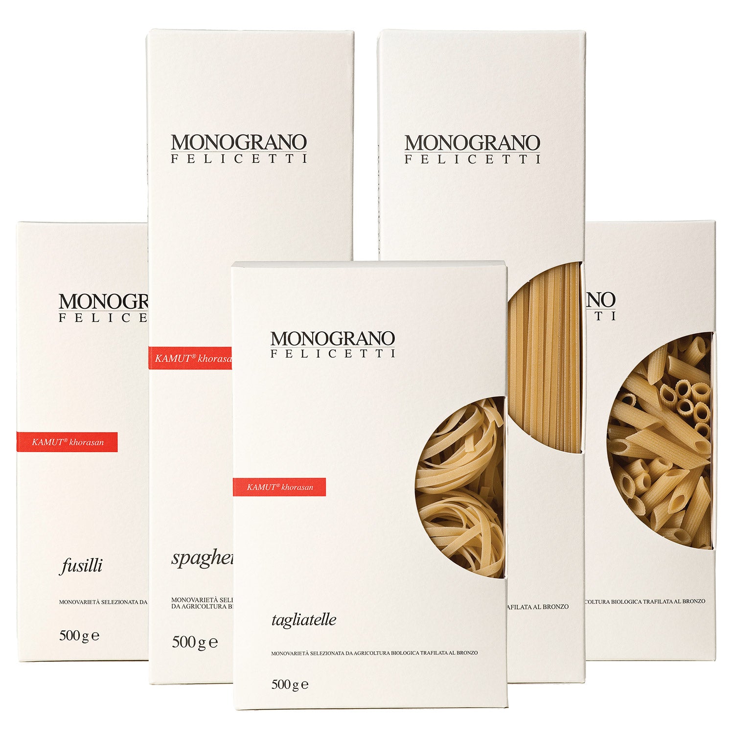 Fünf Schachteln Felicetti 5er di Kamut®-Khorasan Pasta Probierpaket Bio, eine Auswahl an biologischen Nudelsorten.