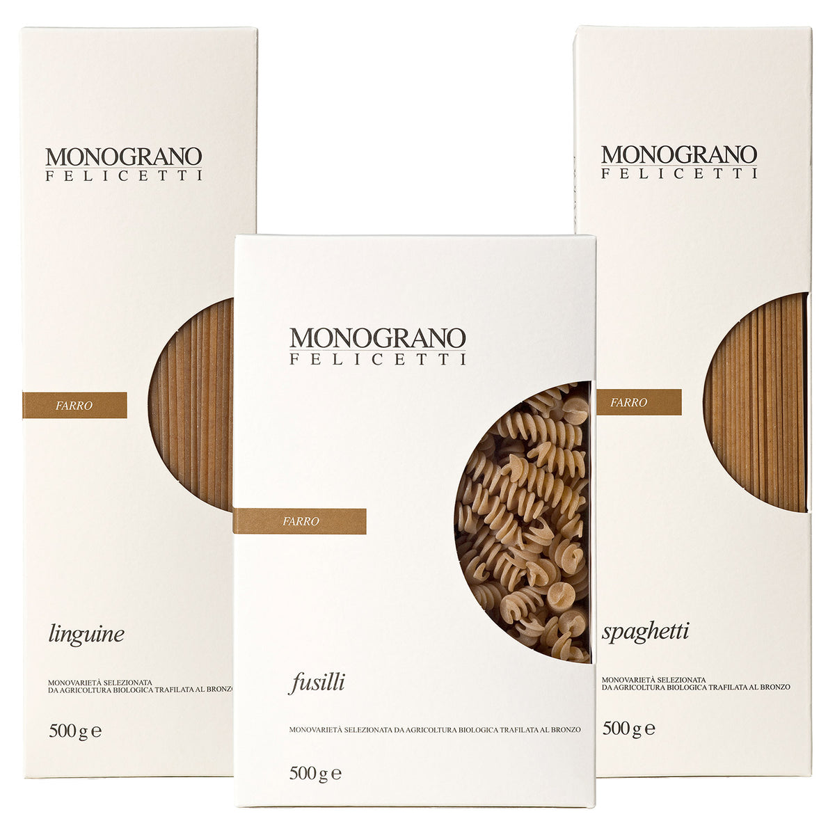 Drei Schachteln Felicetti "3er Felicetti di Farro Pasta aus Emmer Probierpaket Bio", je 500 g, in weißer Verpackung.
