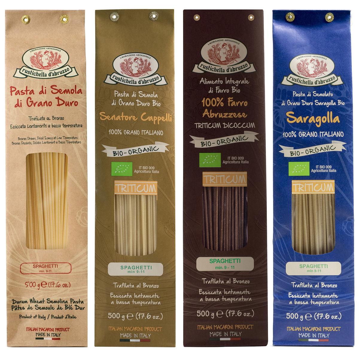 Das 4er Rustichella Spaghetti Probierpaket von Rustichella d'Abruzzo S.p.A. enthält vier Packungen sortierte italienische Bio-Spaghetti in verschiedenen Sorten und Farben.