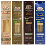 Das 4er Rustichella Spaghetti Probierpaket von Rustichella d'Abruzzo S.p.A. enthält vier Packungen sortierte italienische Bio-Spaghetti in verschiedenen Sorten und Farben.