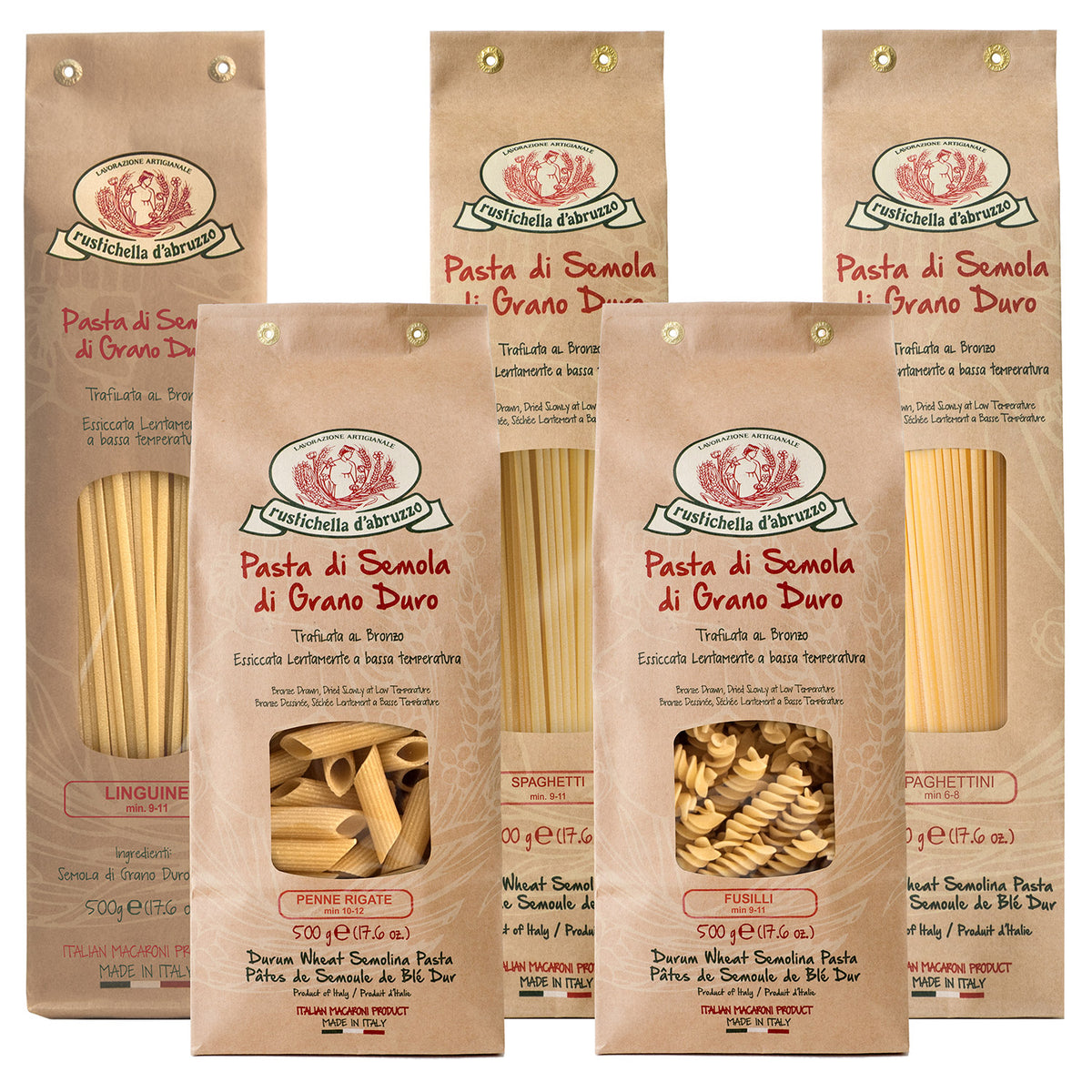 Fünf Beutel Rustichella d'Abruzzo S.p.A. 5er Hartweizen Pasta Probierpaket in verschiedenen Formen, jeweils in italienischer Sprache beschriftet.