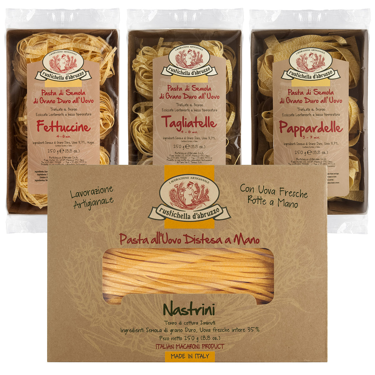 Das 4er Rustichella all uovo Eiernudeln Probierpaket von Rustichella d'Abruzzo S.p.A. enthält vier handwerklich hergestellte italienische Eiernudeln: Fettuccine, Tagliatelle, Pappardelle und Nastrini.