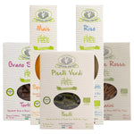 Ein Set von 5 glutenfreien Bio-Pasta-Paketen von Rustichella d'Abruzzo S.p.A., genannt "5er Rustichella Glutenfreie Pasta Probierpaket Bio".