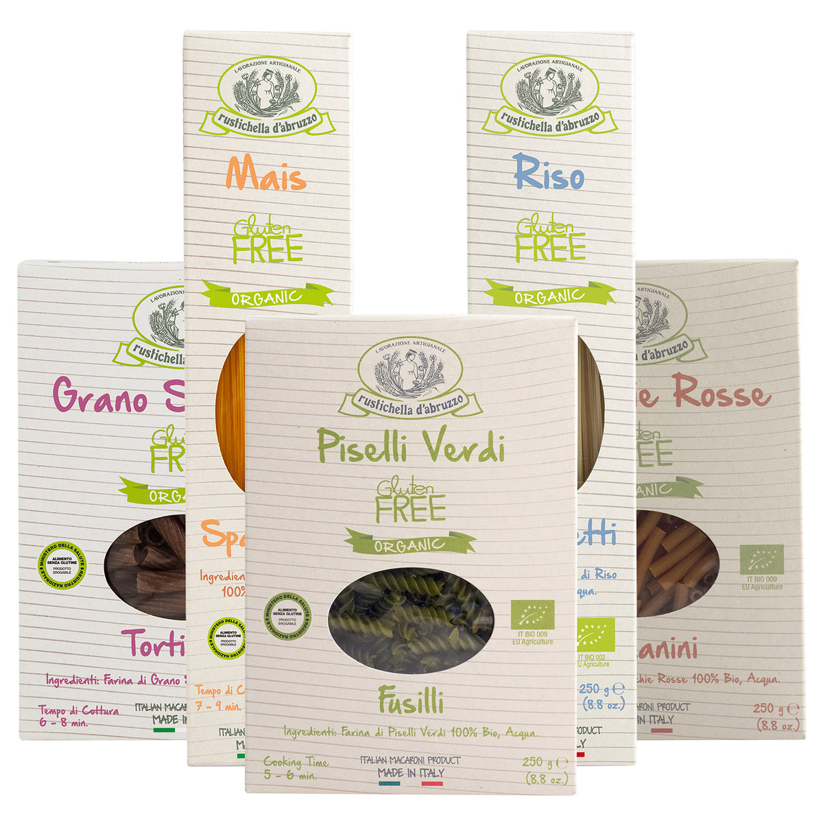 Ein Set von 5 glutenfreien Bio-Pasta-Paketen von Rustichella d'Abruzzo S.p.A., genannt "5er Rustichella Glutenfreie Pasta Probierpaket Bio".