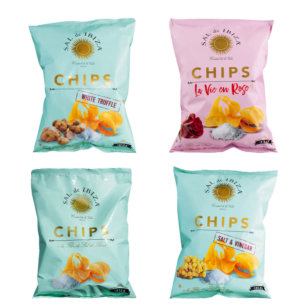 Das 4er Chips Probierpaket von Sal de Ibiza (4 x 125 g) der Sal de Ibiza GmbH bietet vier bunte Tüten mit Kartoffelchips, jede mit einem einzigartigen Geschmack und illustrierten Zutaten.