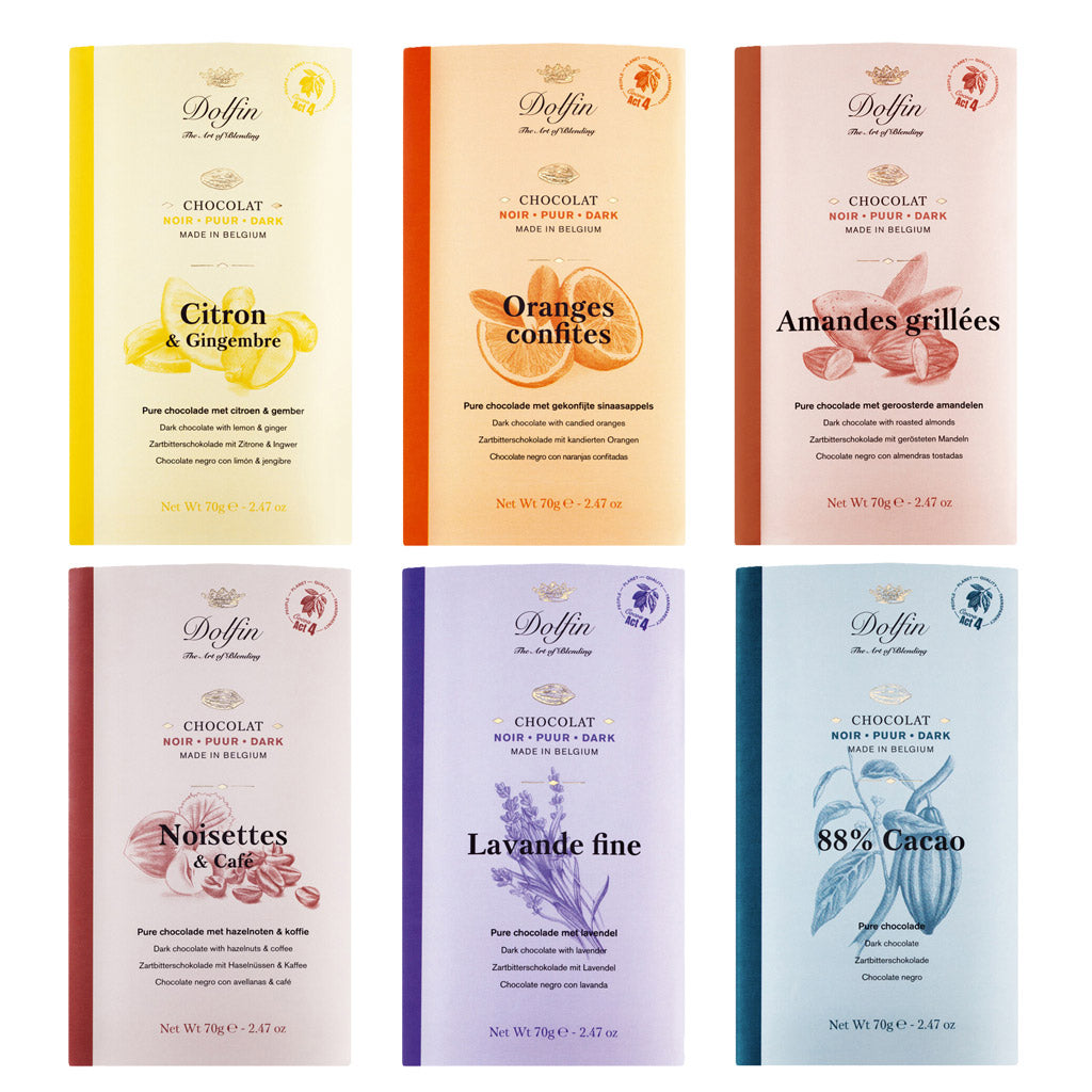 Das 6er Zartbitter Tafelschokoladen Probierpaket von Dolfin Schokolade enthält sechs 70g-Tafeln, jede mit einer eigenen Sorte und ansprechend gestaltetem Etikett.