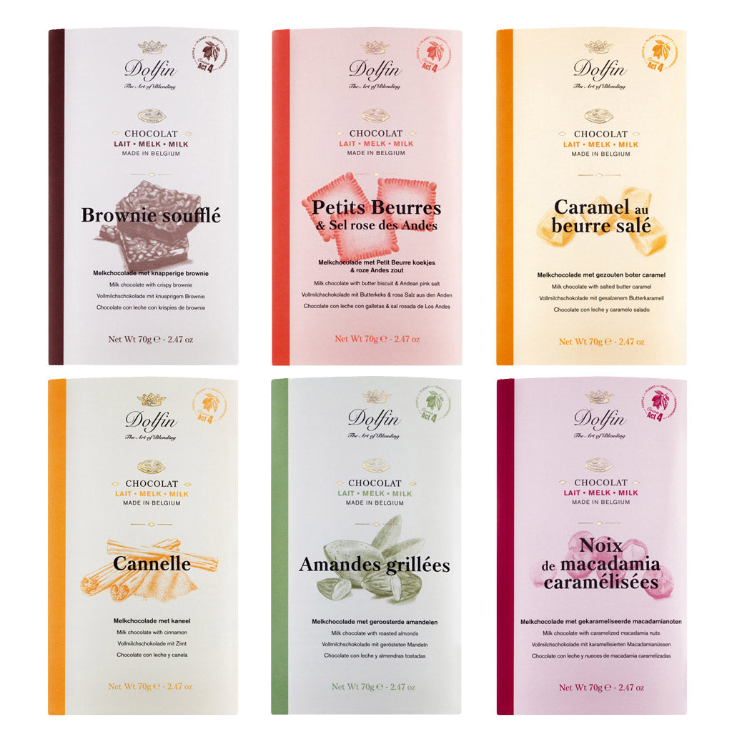 Sechs Tafeln Dolfin Schokolade (6 x 70 g) aus dem 6er Vollmilch Probierpaket, in zwei Reihen vor weißem Hintergrund angeordnet.