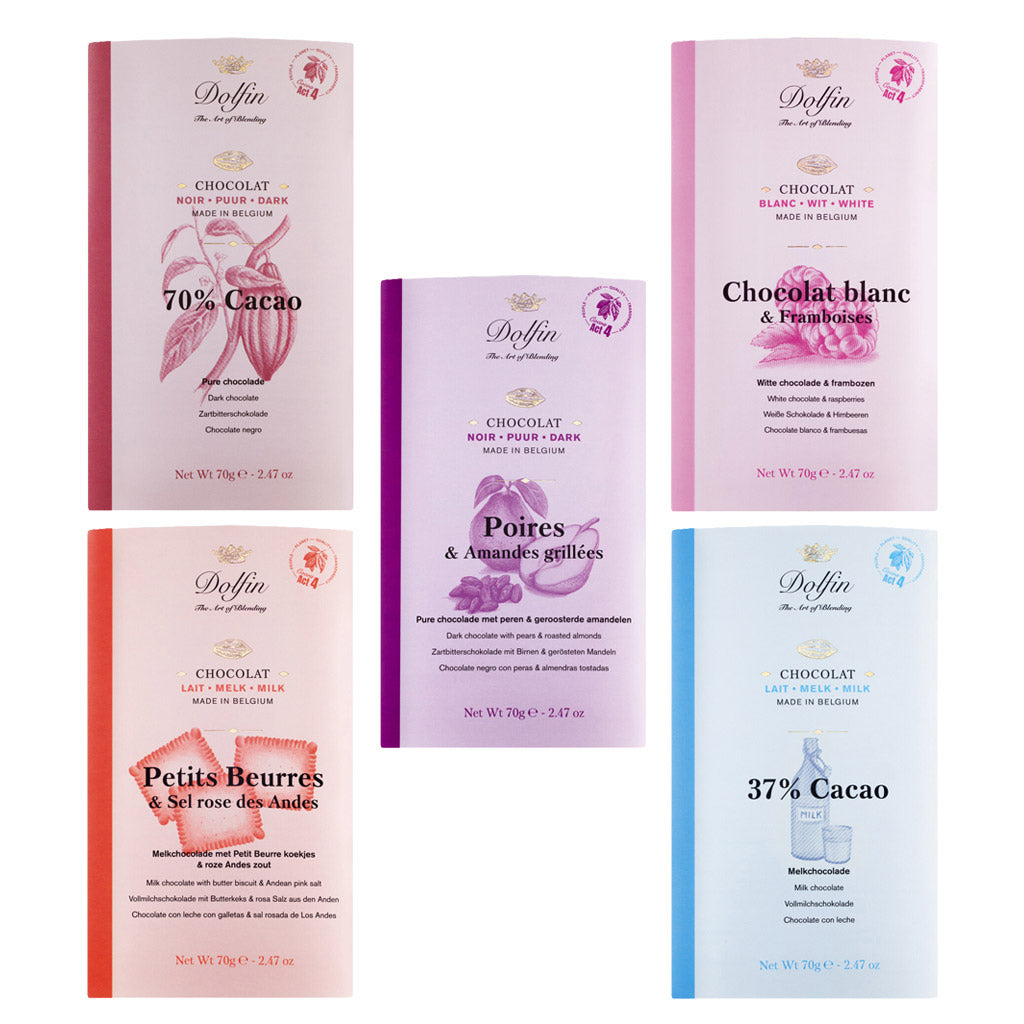 Das 5er Tafelschokoladen Probierpaket von Dolfin Schokolade enthält fünf 70-Gramm-Schokoladentafeln in pastellfarbener Verpackung, jede mit einem einzigartigen Geschmack und Kakaoanteil.