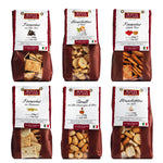 Sechs Tüten aus dem 6er Salzgebäck Probierpaket von Bontà Lucane s.r.l. mit einer Auswahl an italienischen Crackern und Brotsnacks, verpackt in charakteristischen braunen und weißen Tüten.